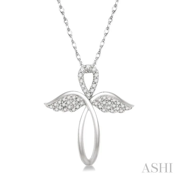 1/6 ctw Angel Wing Round Cut Diamond Cross Pendant With Chain in 10K White Gold