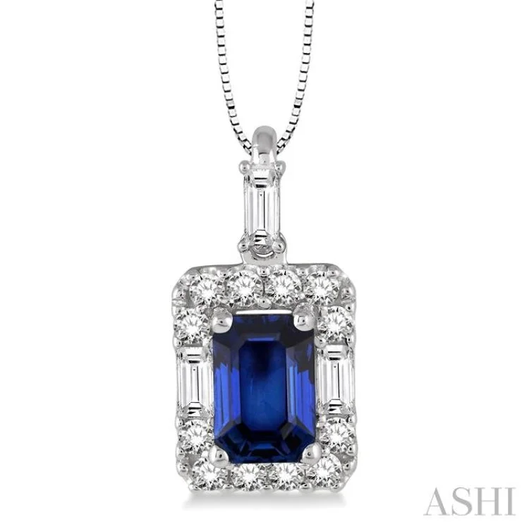 6x4 MM Octagon Cut Sapphire and 1/3 Ctw Round Cut Diamond Pendant in 14K White Gold with Chain