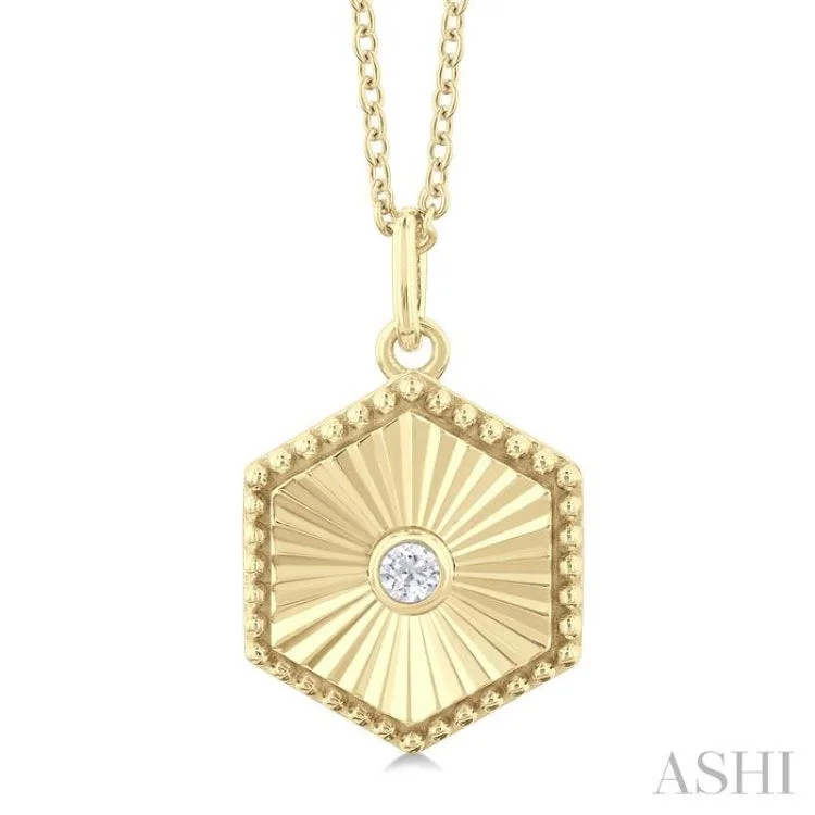 1/20 Ctw Hexagon fluted medallion Round Cut Diamond Pendant With Chain in 10K Yellow Gold