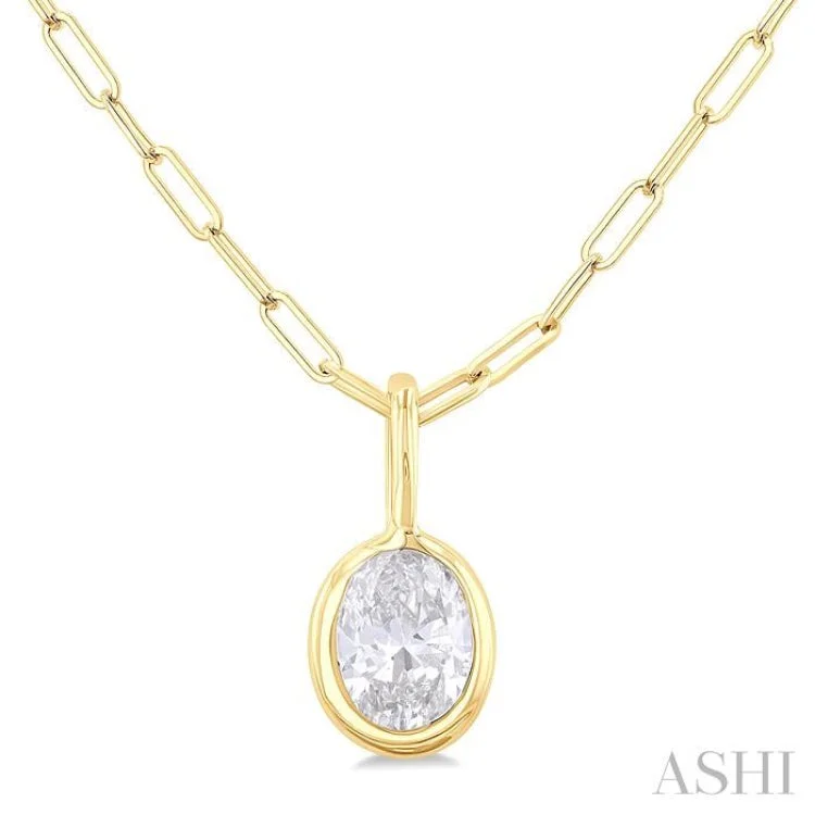 1/5 ctw Oval Cut Bezel Set Diamond Fashion Pendant With Paper Clip Chain in 14K Yellow Gold