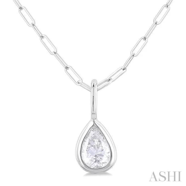 1/5 ctw Pear Cut Bezel Set Diamond Fashion Pendant With Paper Clip Chain in 14K White Gold