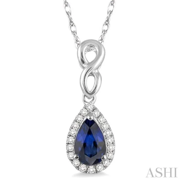 6x4 MM Pear Shape Sapphire and 1/10 Ctw Round Cut Diamond Pendant in 10K White Gold with Chain