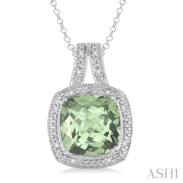 10x10  MM Cushion Shape Green Amethyst and 1/20 ctw Single Cut Diamond Pendant in Sterling Silver with Chain