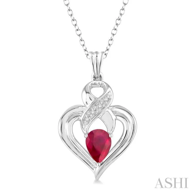 6x4 mm Pear Shape Ruby and 1/50 Ctw Single Cut Diamond Pendant in Sterling Silver with Chain