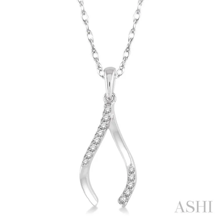 1/10 Ctw Wishbone Charm Round Cut Diamond Pendant With Link Chain in 10K White Gold