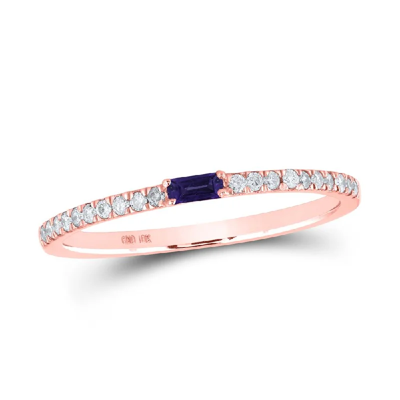 10kt Rose Gold Womens Baguette Amethyst Diamond Band Ring 1/5 Cttw