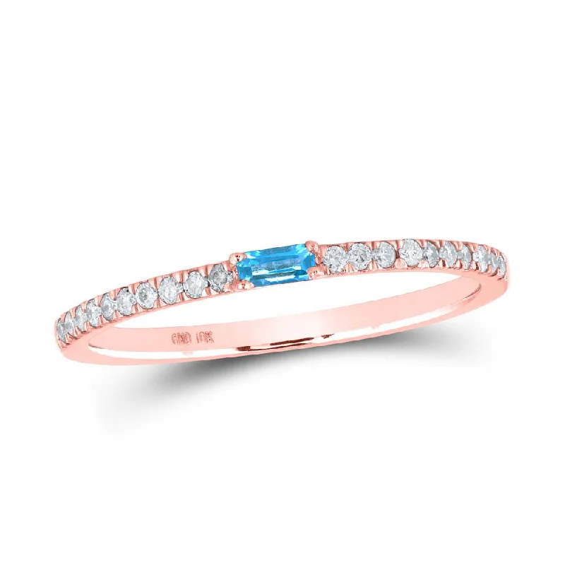 10kt Rose Gold Womens Baguette Blue Topaz Diamond Band Ring 1/5 Cttw