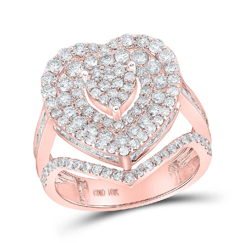 10kt Rose Gold Womens Round Diamond Heart Ring 2-1/3 Cttw