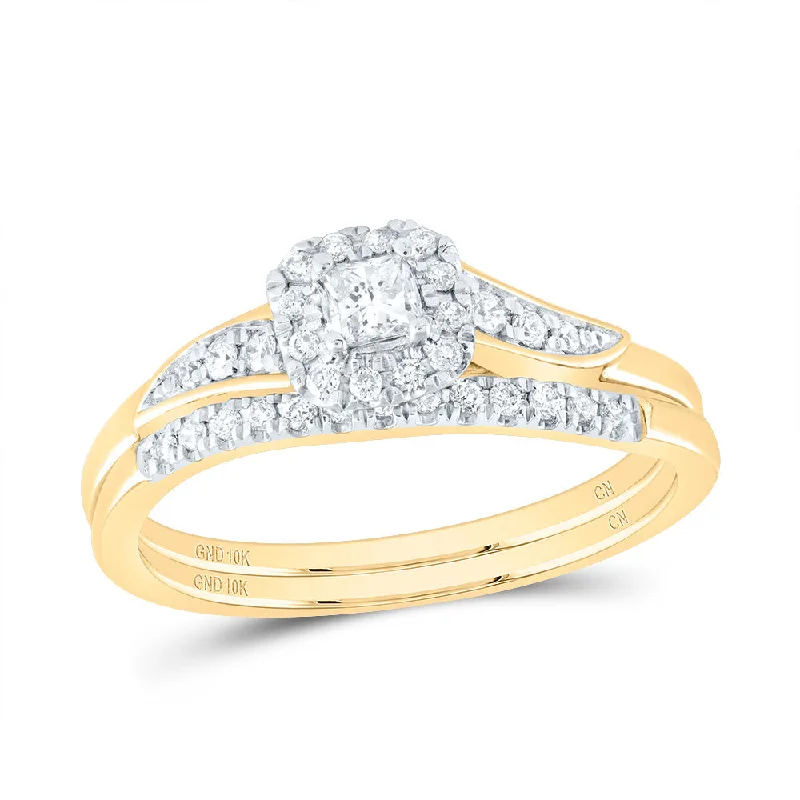 10kt Yellow Gold Princess Diamond Halo Bridal Wedding Ring Band Set 1/3 Cttw