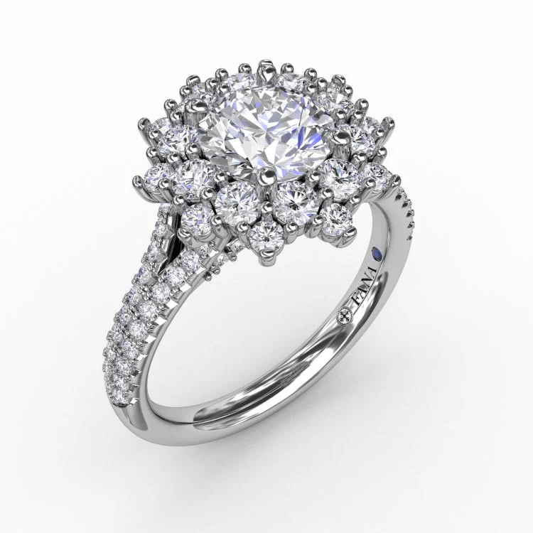 Contemporary Floral Halo Engagement Ring With Double-Row PavÃ© Band