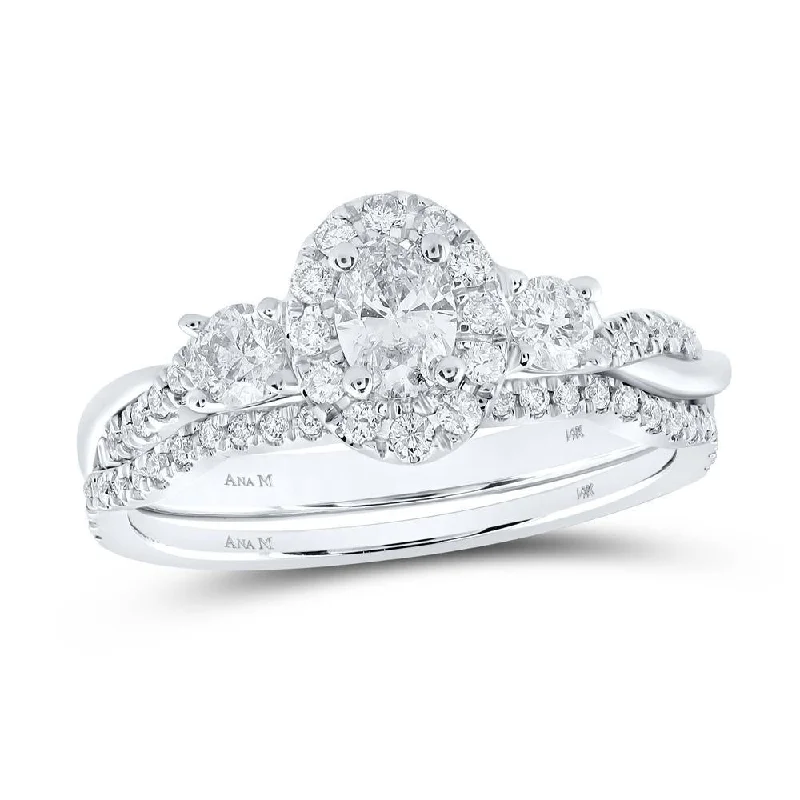 14kt White Gold Oval Diamond Halo Bridal Wedding Ring Band Set 3/4 Cttw