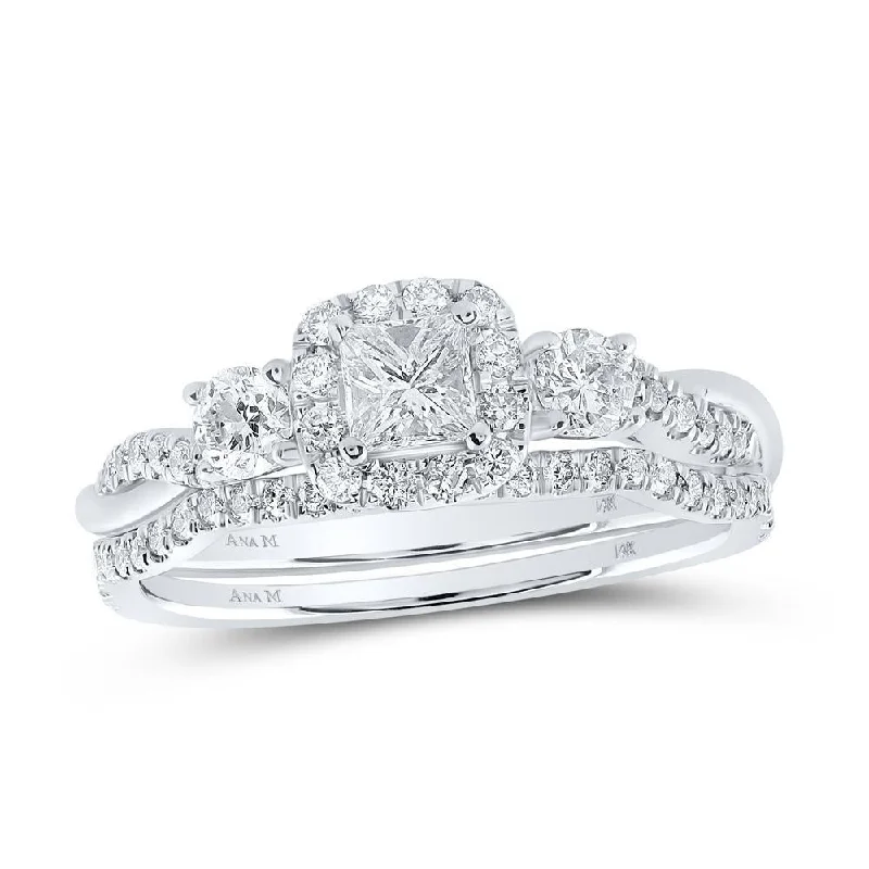 14kt White Gold Princess Diamond Halo Bridal Wedding Ring Band Set 3/4 Cttw