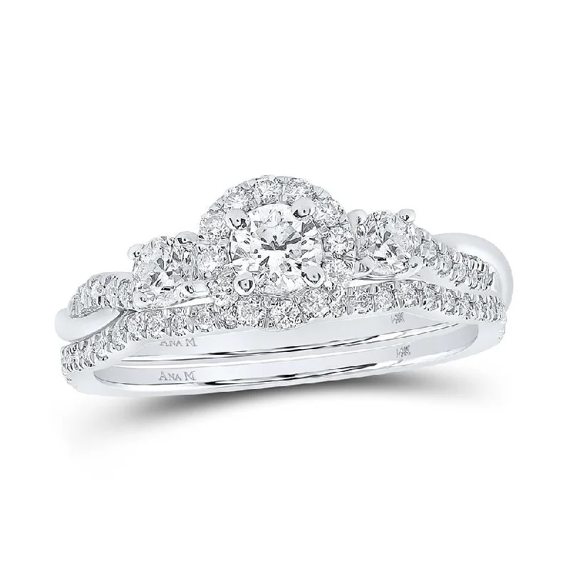 14kt White Gold Round Diamond Halo Bridal Wedding Ring Band Set 3/4 Cttw