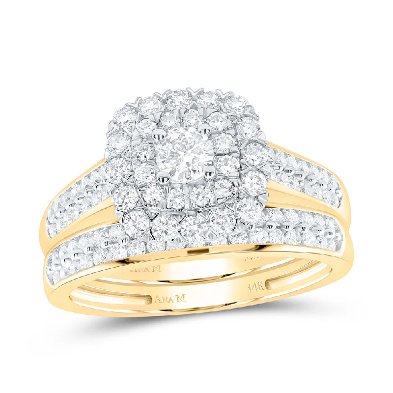 14kt Yellow Gold Round Diamond Halo Bridal Wedding Ring Band Set 1 Cttw