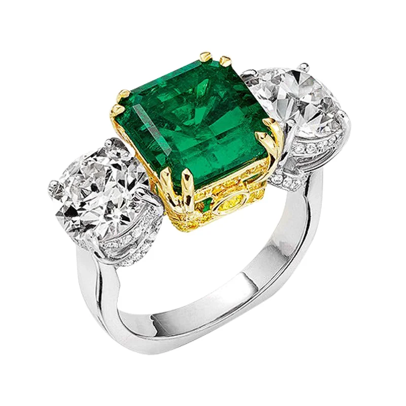 18k Yellow Gold Platinum 4ct Colombian Emerald Diamond Ring