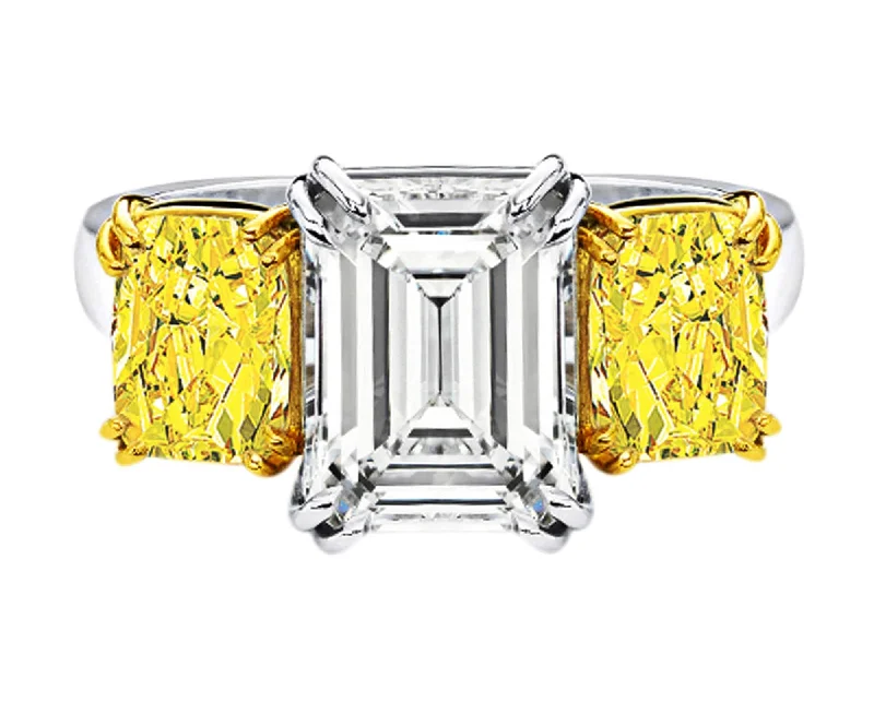 Rivière Platinum 5ct Emerald Cut Diamond with Fancy Vivid Yellow Diamond Ring