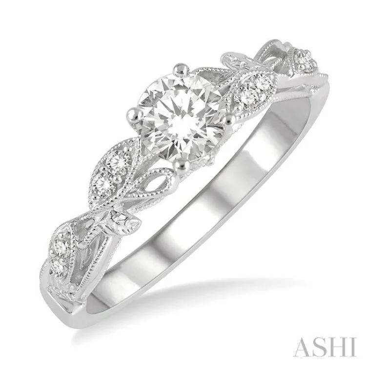 1/3 ctw Leaf Criss Cross Shank Round Cut Diamond Engagement Ring with 1/4 Ct Round Cut Center Stone in 14K White Gold