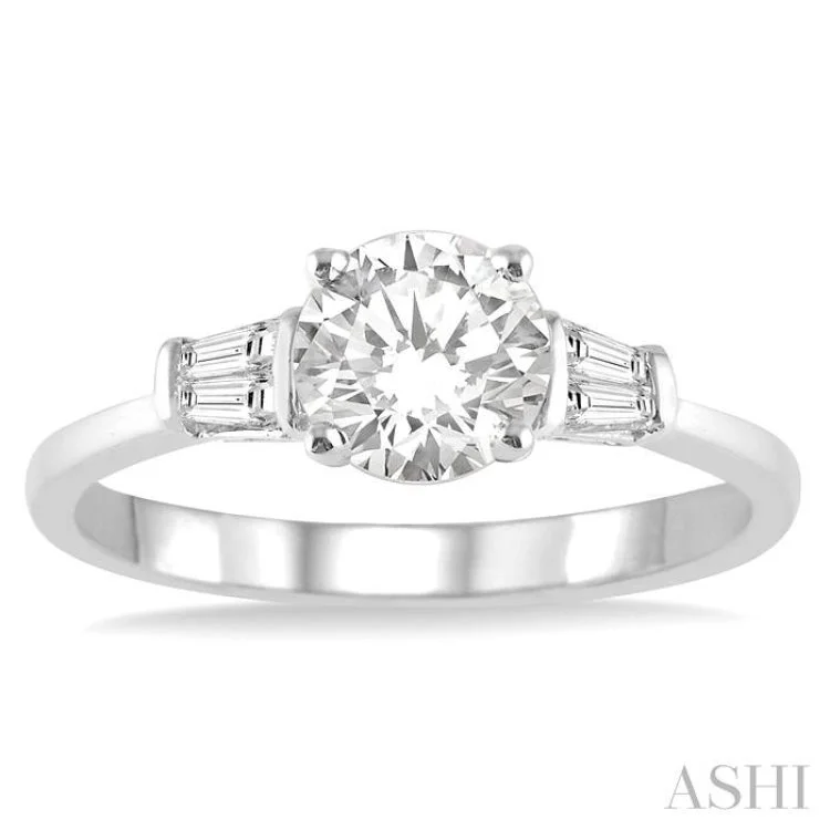 5/8 ctw Baguette and Round Cut Diamond Ladies Engagement Ring with 1/2 Ct Round Cut Center Stone in 14K White Gold