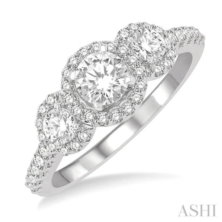 1 ctw Past, Present & Future Diamond Engagement Ring With 3/8 ctw Round Cut Center Stone in 14K White Gold