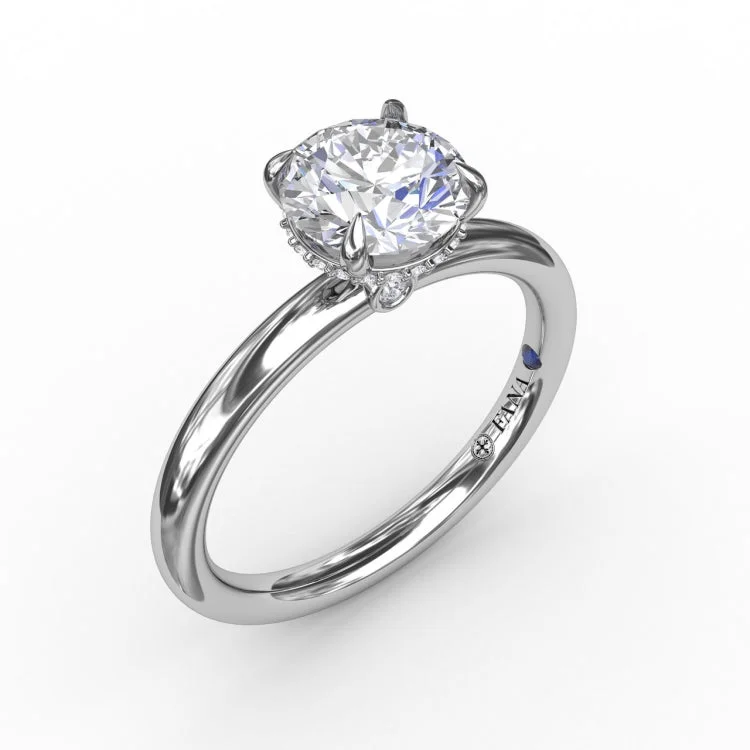 Contemporary Round Diamond Solitaire Engagement Ring With Hidden PavÃ© Halo