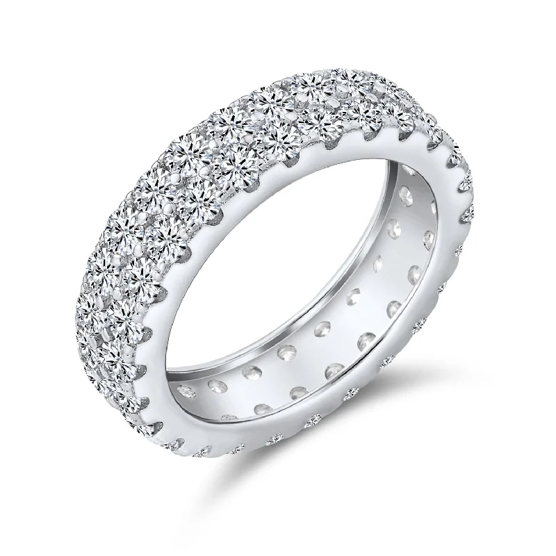 Classic Cocktail Statement Ring: Two Row Pave CZ Bridal Eternity Band Sterling Silver