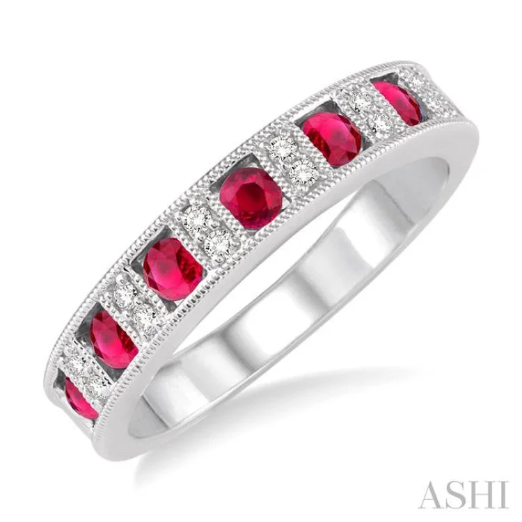 2.5 mm Round Cut Ruby and 1/10 Ctw Round Cut Diamond Precious Band in 14K White Gold