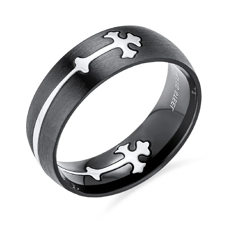 Mens Stainless Steel Religious Maltase Fleur De Lis Cross Black Wedding Band Ring