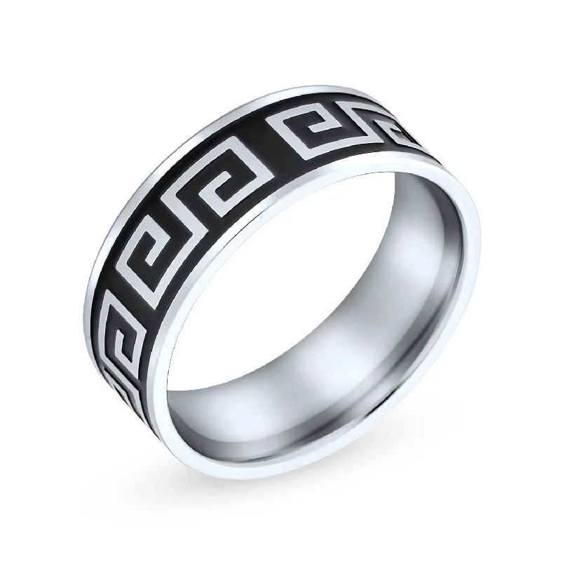 Mens Stainless Steel Greek Key Pattern Wedding Band Ring Black Silver Two Tone