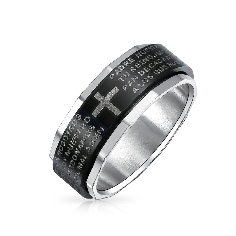 Mens Stainless Steel Religious Cross Black Spinner Band Ring - Lords Prayer Design