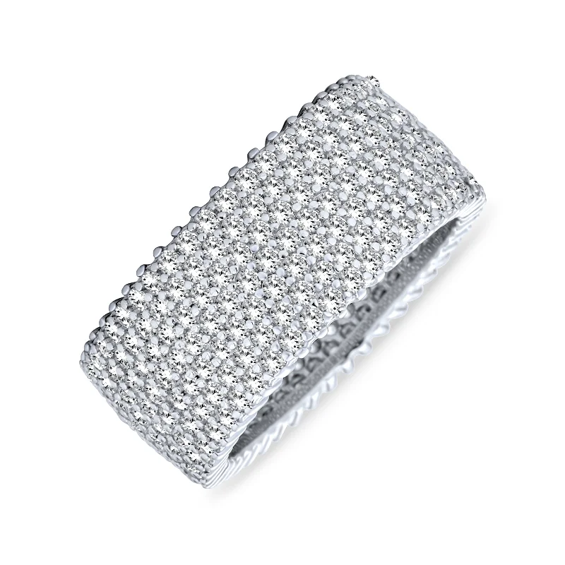 Pave Cubic Zirconia Cocktail Statement Ring in Sterling Silver 5 Row Wide Band