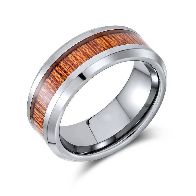 Tungsten Wedding Band Ring with Koa Wood Inlay and Silver Tone Comfort Fit