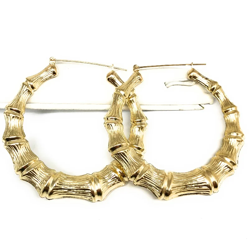 10k Solid Gold Yellow Bamboo Hoop Earrings 2.5 INCH Arracadas