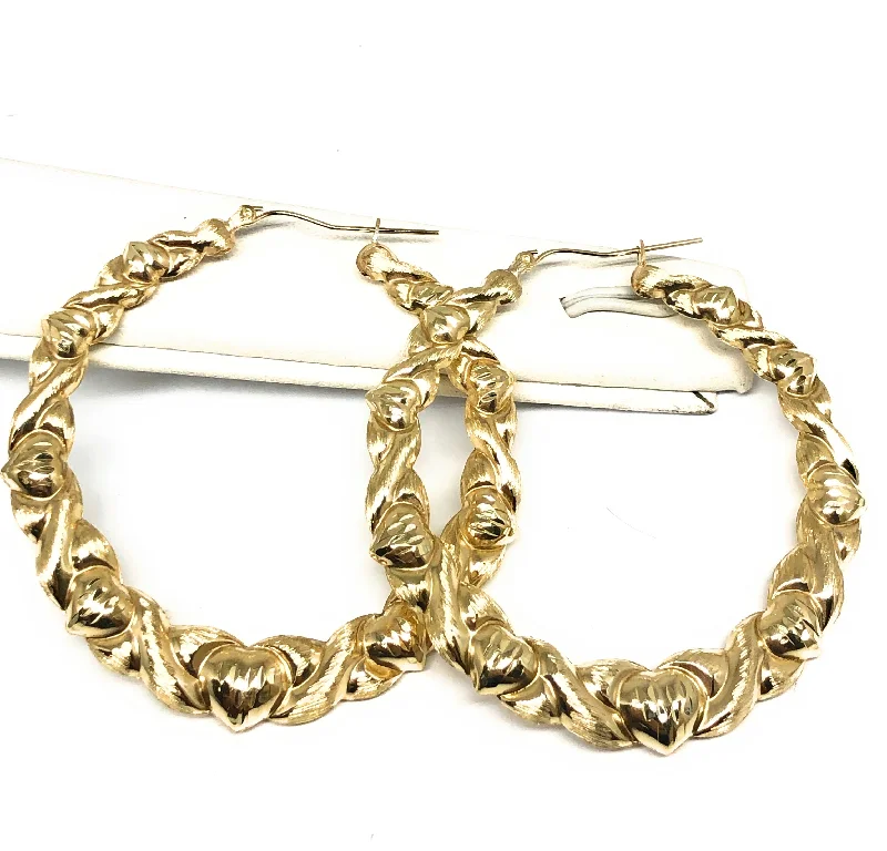 10k Solid Gold Yellow Twist Heart Hoop Earrings 1.5-2 INCH Arracadas