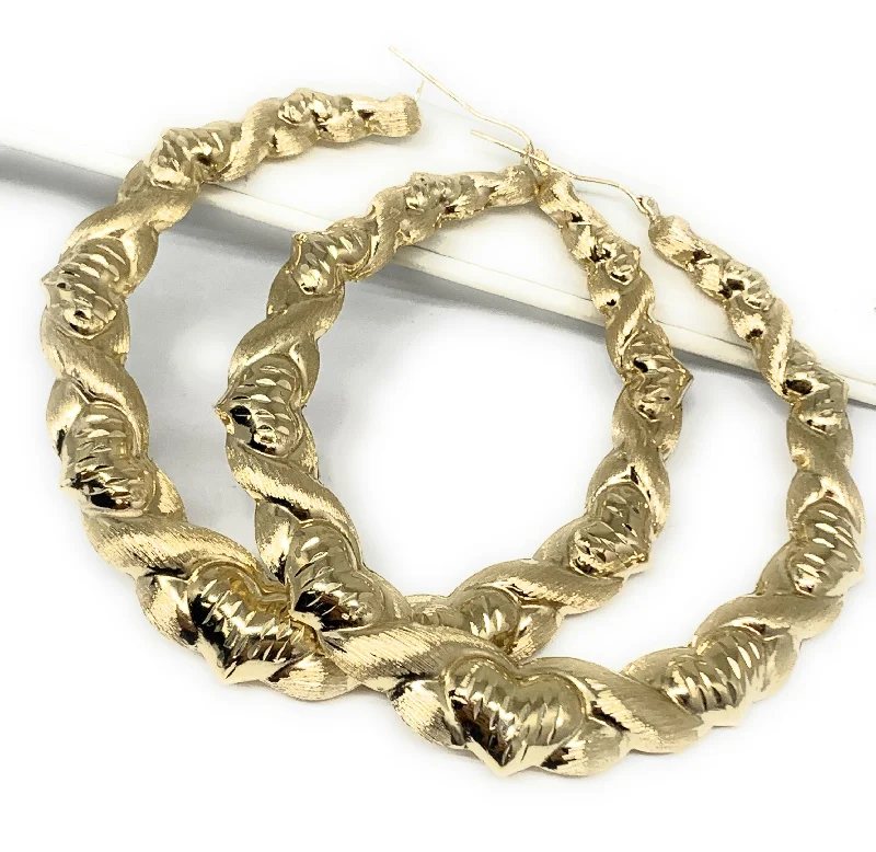 10k Solid Gold Yellow Twist Heart Hoop Earrings 3 INCH Arracadas