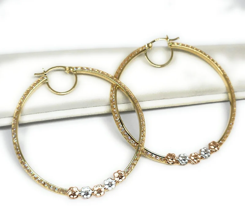 14k Solid Gold Tri-Color FLOWER CZ Hoop Earrings