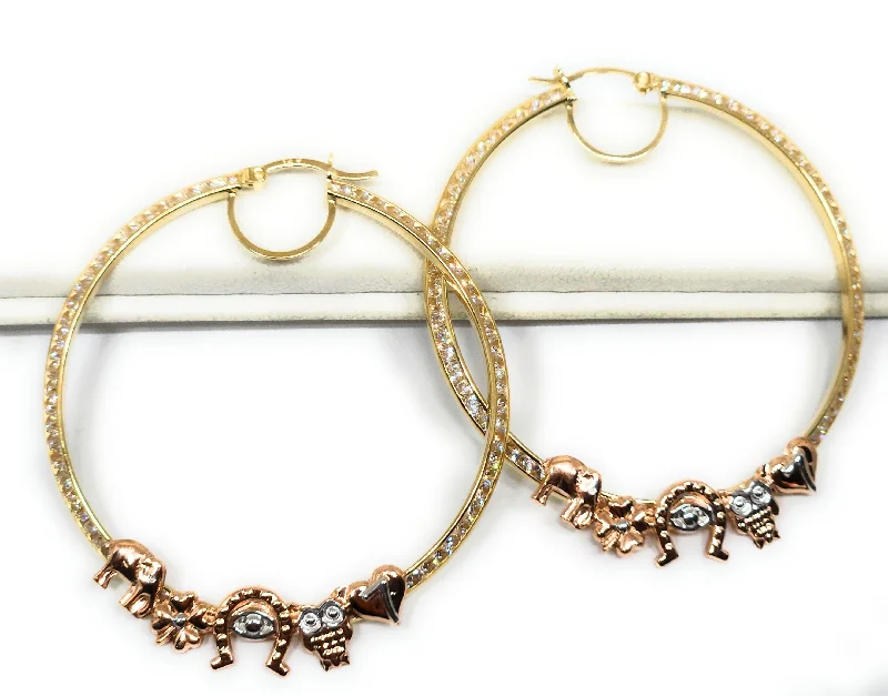 14k Solid Gold Tri-Color LUCKY SYMBOLS CZ Hoop Earrings