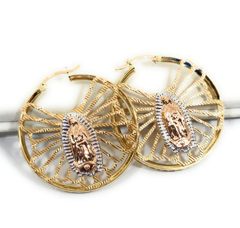 14k Solid Gold Tri-Color Virrgin Mary CZ Hoop Earrings