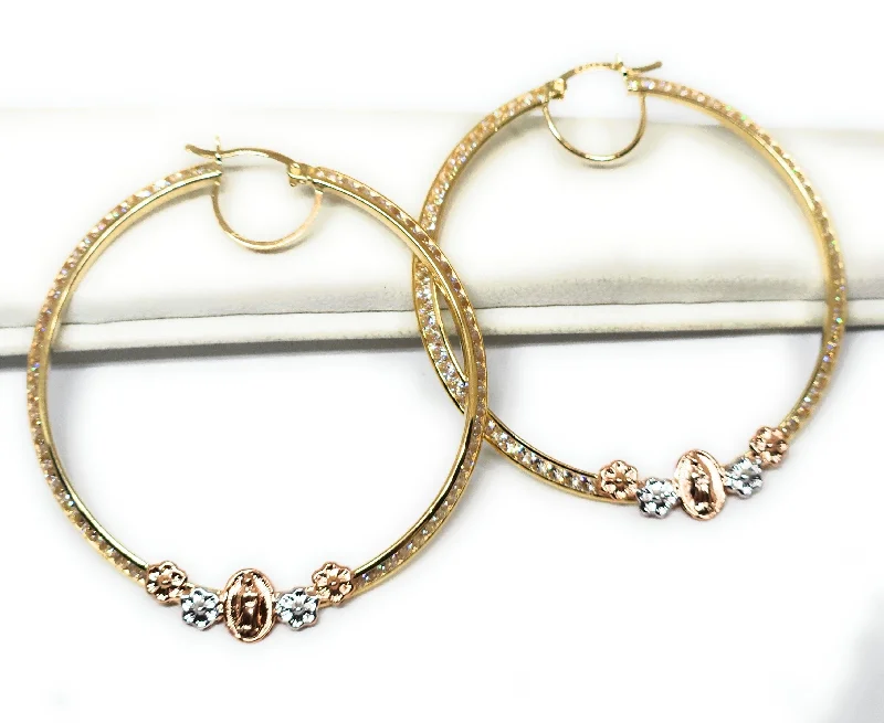 14k Solid Gold Tri-Color Virrgin Mary FLOWER CZ Hoop Earrings