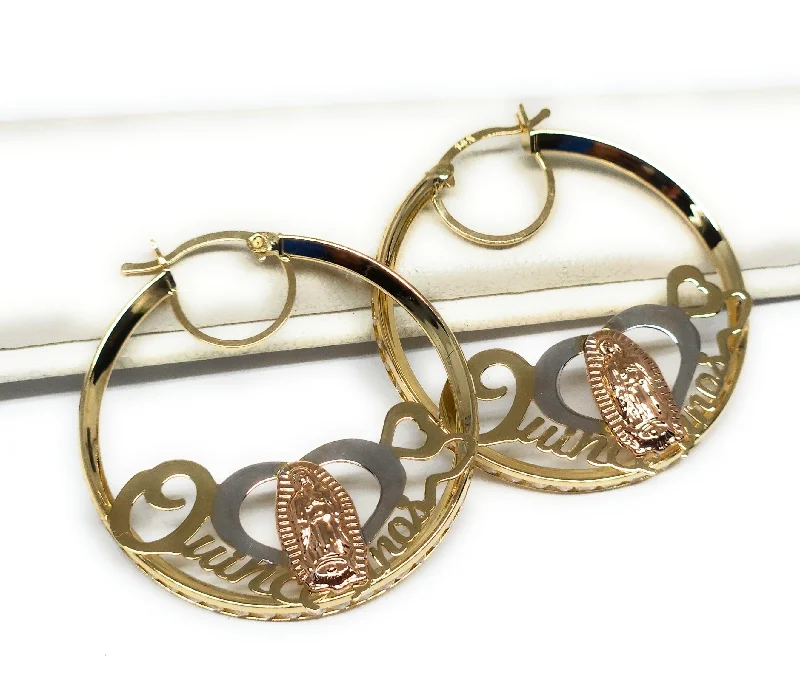 14k Solid Gold Tri-Color Virrgin Mary QUINCE AÑOS CZ Hoop Earrings