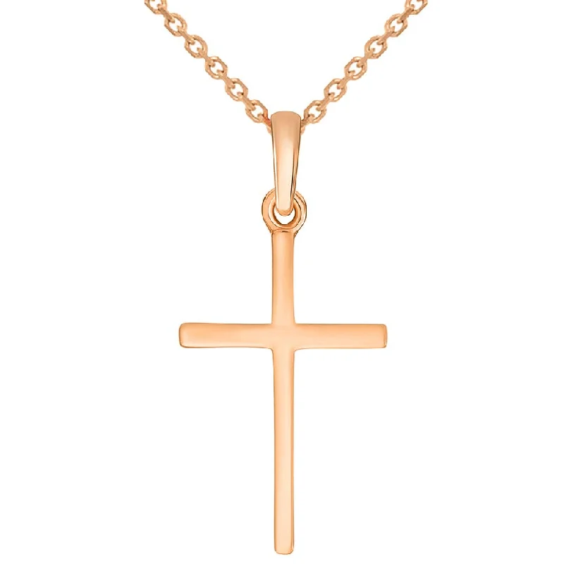 14k Solid Rose Gold Classic Small Religious Cross Charm Pendant with Cable Chain Necklace