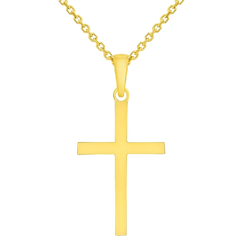 14k Solid Yellow Gold Classic Simlple Religious Cross Pendant with Rolo Cable, Cuban Curb, or Figaro Chain Necklaces