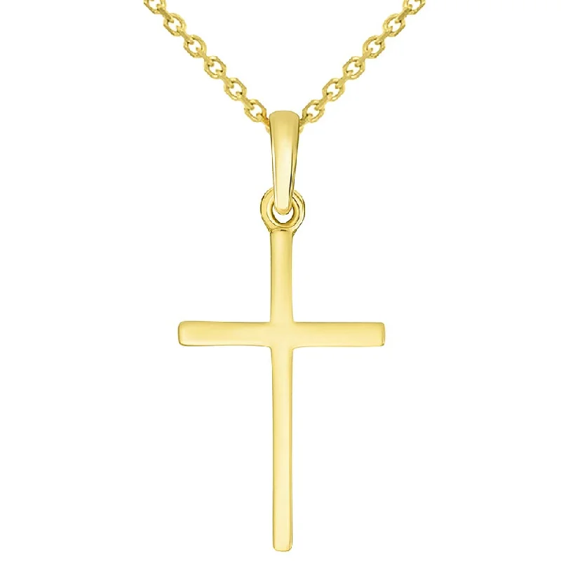 14k Solid Yellow Gold Classic Small Religious Cross Charm Pendant with Cable, Curb, or Figaro Chain Necklaces