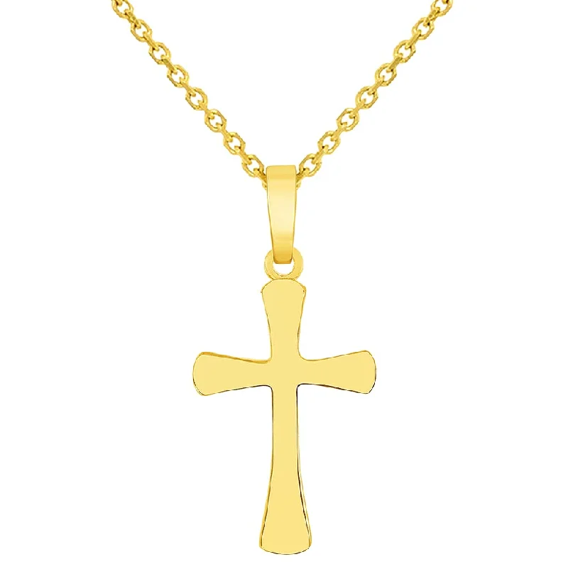 14k Solid Yellow Gold Dainty Mini Classic Plain Religious Cross Charm Pendant with Rolo Cable, Cuban Curb, or Figaro Chain Necklaces