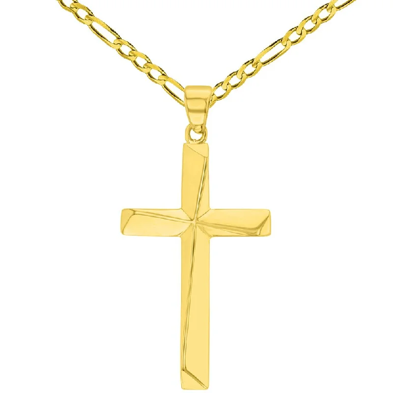 14K Solid Yellow Gold Elegant Religious Plain Cross Pendant with Figaro Chain Necklace