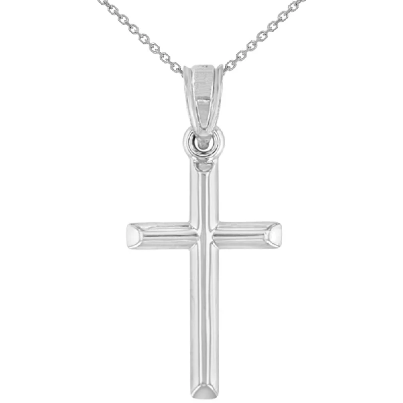 14K White Gold Classic Latin Plain Cross Charm Pendant Necklace