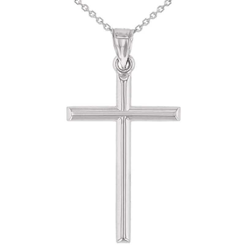 14K White Gold Classic Latin Plain Cross Pendant Necklace