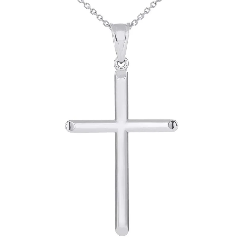 14k White Gold Large Religious Tube Cross Pendant with Figaro Necklace