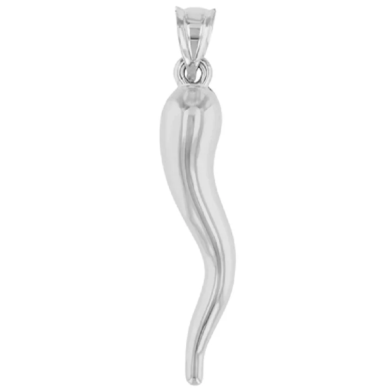 14k White Gold Large Cornicello Horn Pendant - 3D