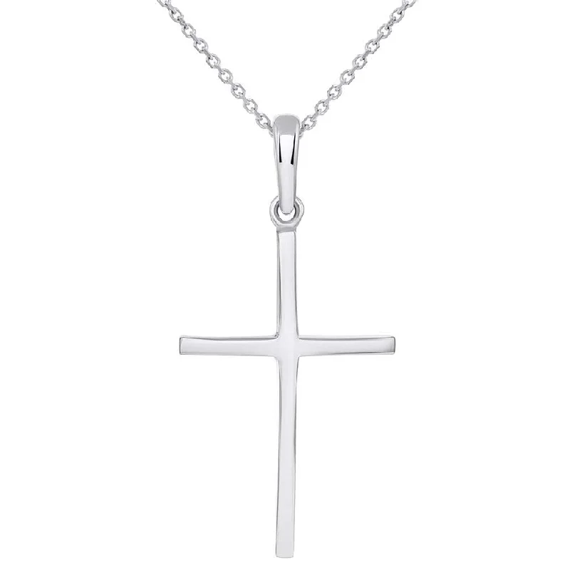 14k White Gold Solid Slender Slope Christian Cross Pendant Necklace