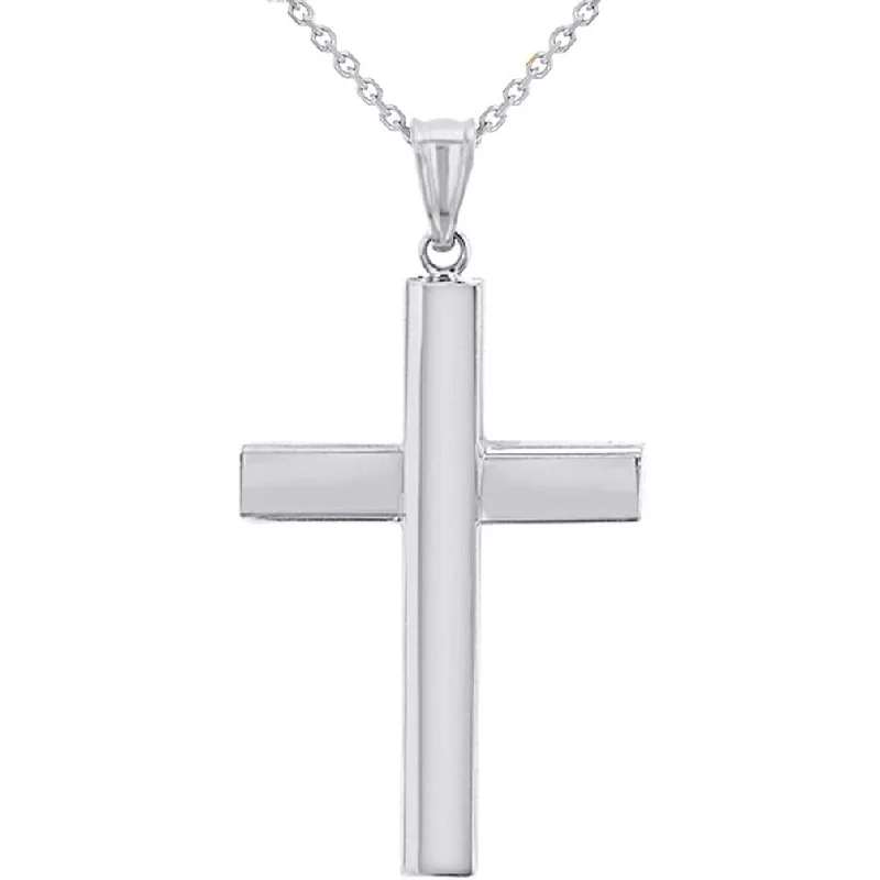 14K White Gold Traditional Religious Plain Cross Pendant with Chain Necklace